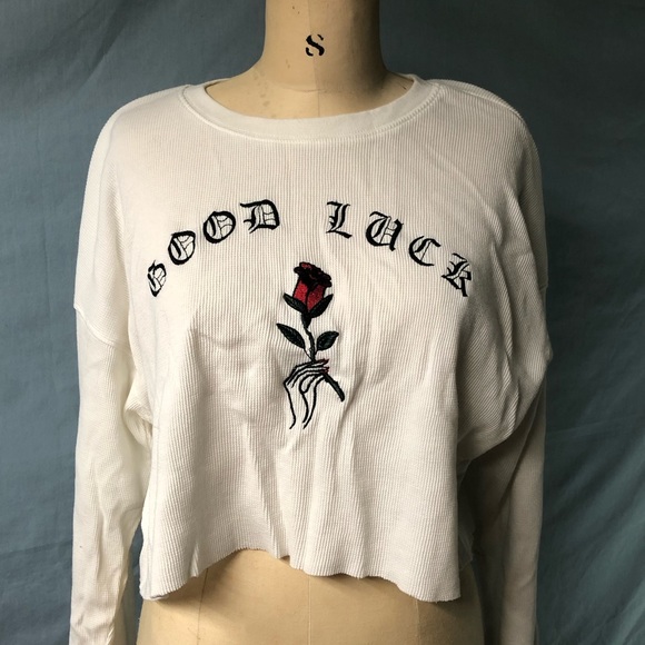 Forever 21 Good Luck Embroidered Long Sleeve White Waffle Crop Top, Size S - Picture 2 of 5